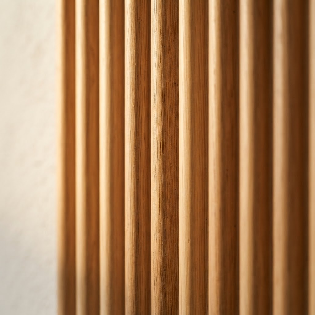 Extreme close-up of a fluted natural oak panel with grazing light across the ribs