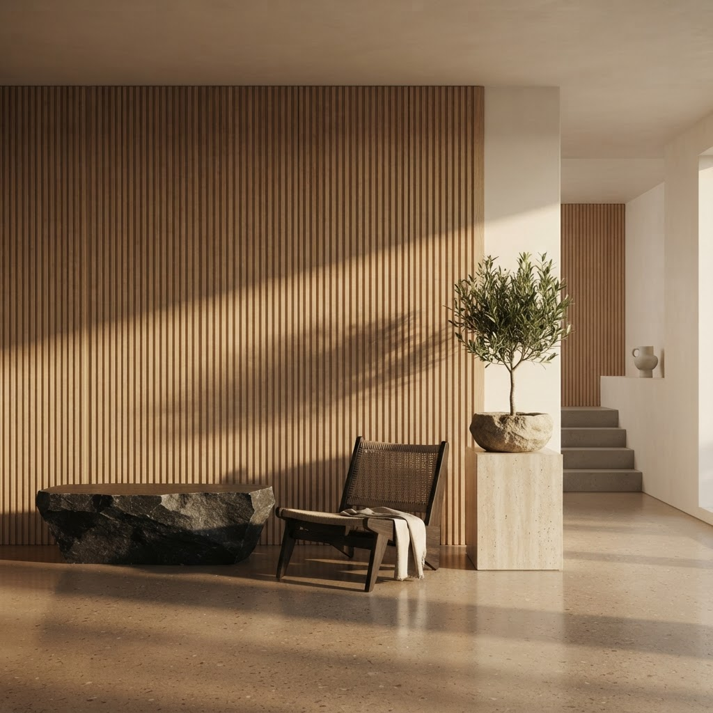 Contemporary interior with a full-height fluted oak slat wall in warm directional light
